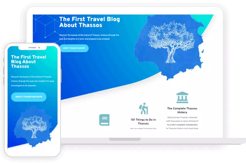 ThasosHolidays Portfolio Dimi Creative home page in both pc and phone view