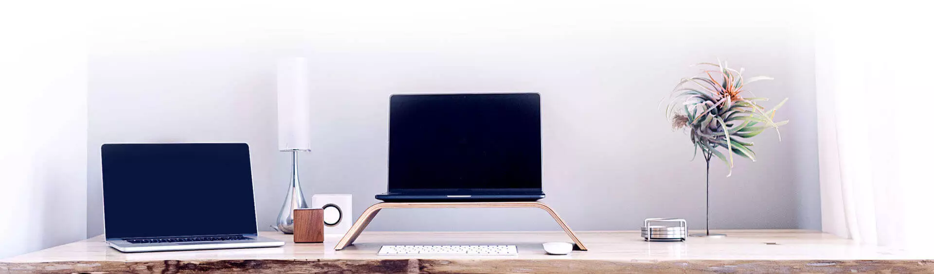 workspace with two macs and a keyboard